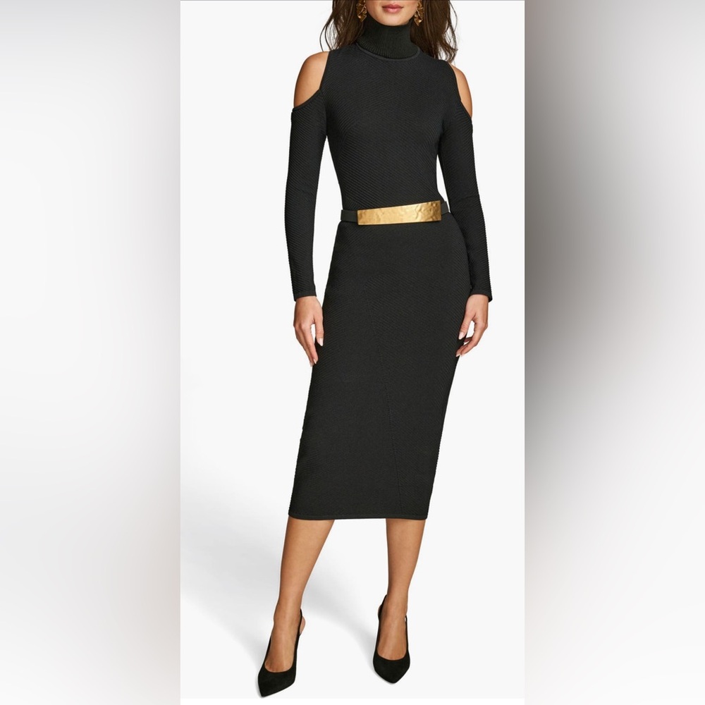 Donna Karan New York Cold shoulder turtleneck long sleeve midi dress